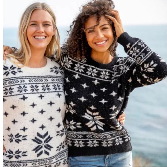 Barefoot Dreams CozyChic Seaside Pullover Black Fair Isle Crew Neck Size Large - Picture 13 of 13